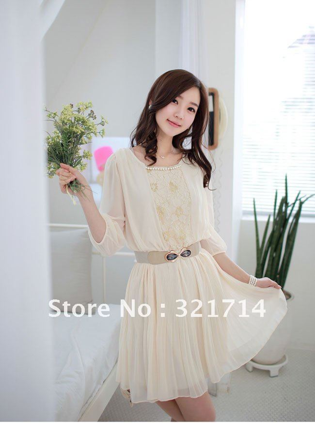 New 2013 Ladies half sleeve fashion chiffon and lace vintage mini dress without belt! Free shipping! F6050