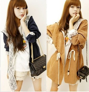 New 2013 spring and autumn drawstring waist beautiful lace frock trench female