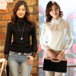 new 2013 spring and autumn lace decoration basic turtleneck shirt cotton t-shirt laciness T-shirt long-sleeve