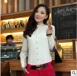 New 2013 spring and summer british style women's long sleeve shirt for stand collar diamond solid color fashion chiffon blouse