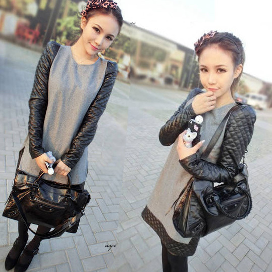 new 2013 Sweet fashion vintage small ladies elegant patchwork basic woolen leather skirt one-piece dress celebrity style