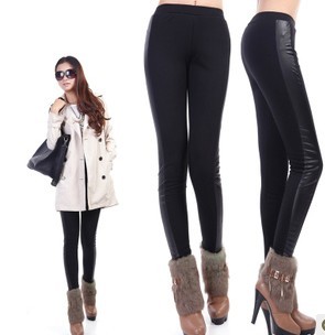 NEW 3PCS MINI Autumn and winter leather patchwork 100% cotton skinny pants plus size pants plus velvet thickening legging