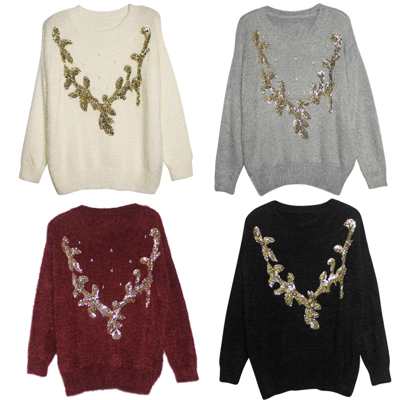 NEW! Acm fashion soft texture mohair sweater bling paillette staghorns three-dimensional pearl shaggier top free shipping