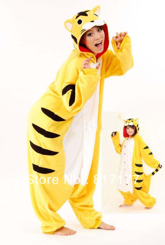 New Adult Fleece Animal Tiger Pajamas Set Sleepsuit Onesie Sleepwear Pyjamas  Unisex Yellow Cosplay