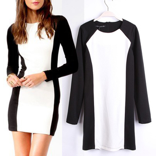 New Arrial  fashion all-match ol black-and-white color  slim long-sleeve basic skirt one-piece dress Free Shipping