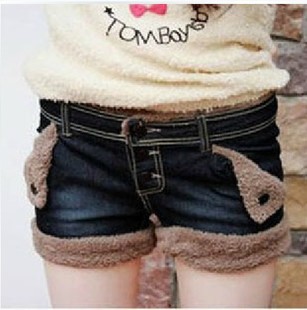 New arrival 2012 autumn and winter berber fleece women's denim shorts boot cut jeans plus size loose woolen female shorts