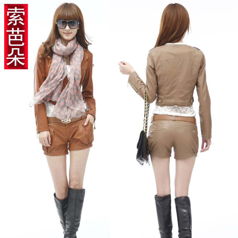 New arrival 2012 autumn motorcycle water wash leather jacket short design slim leather coat Women leather clothing 2125