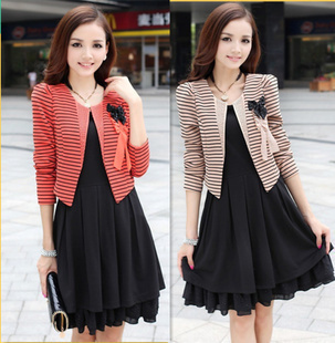 New arrival 2012 autumn twinset skirt stripe one-piece dress spring and autumn slim elegant layered dress