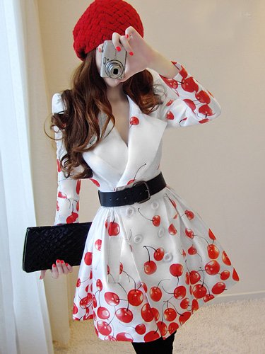 New Arrival 2012 Dresses New Fashion Red Cherry Dress Trench Coat Double Breasted Vintage Coats Women Winter Jacktes