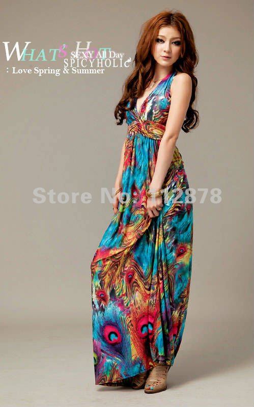 New arrival,2012 Fashion dress sexy eveing v-neck maxi dress women printed Bohemian beach dress with BRA free shipping LJ001