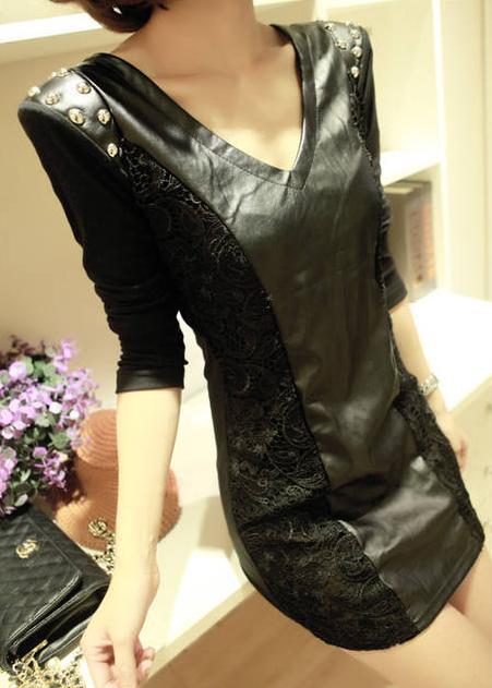 New arrival 2012 fashion punk slim lace patchwork rivet leather long-sleeve autumn one-piece dress