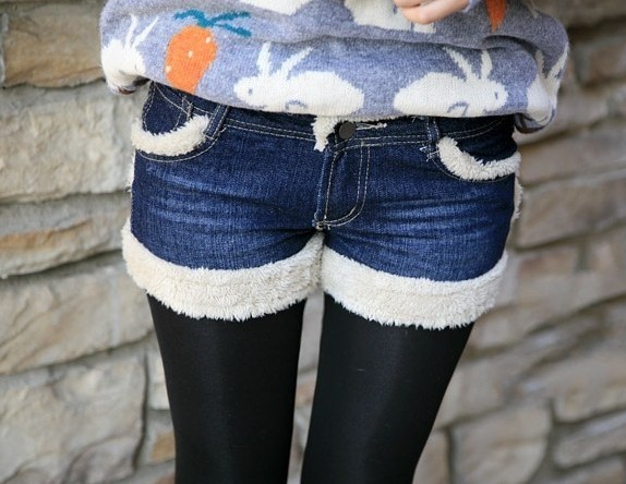 New arrival 2012 plush side of the all-match denim shorts autumn and winter female loose boot cut jeans