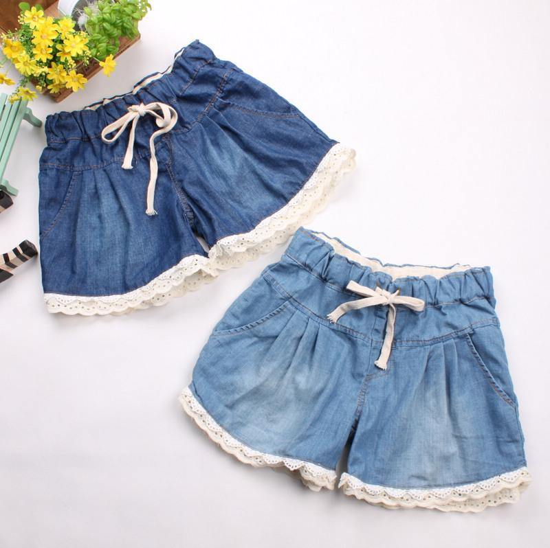 New Arrival 2012 summer women's denim shorts elastic waist lace decoration drawstring loose