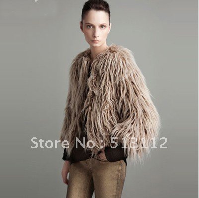 New Arrival 2012 Winter Fashion Beige Faux Fur Coat Jacket Size: XS-S-M-L-XL WT035 Free shipping by HK Post