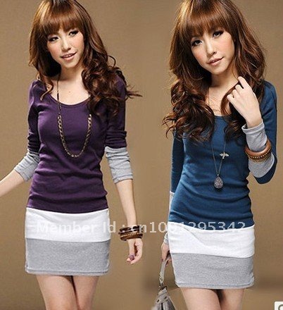 New Arrival 2012 Women Clothing Backing Dress Spring Autumn Black Purple Blue Slim Streak Color Long Sleeves Fashion Dresses