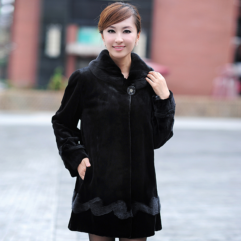 New arrival 2012 women's mink fur coat full piece black genuine mink fur overcoat medium-long In the elderly ems free shipping