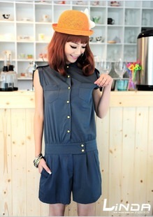 New arrival 2012 women's y2724 solid color single breasted decoration sleeveless elastic waist jumpsuit shorts