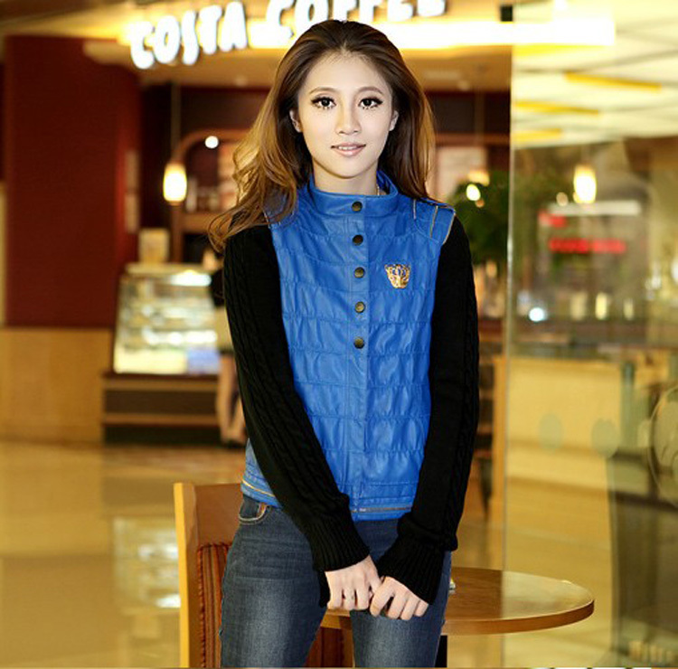 New arrival 2013 autumn knitted patchwork fashion color block short jacket small leather clothing