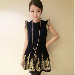 New Arrival 2013 Brand Designer Velour Gold Embroidery Women's Twinset One-piece Dresses Vintage Baroque  Dress Ladies