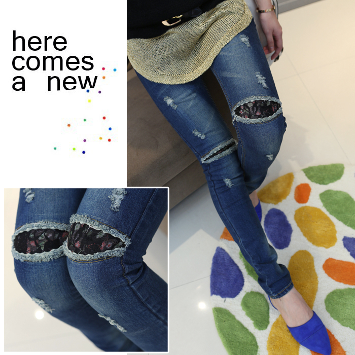 new arrival 2013 fashion korean Women jeans autumn pencil pants knee hole denim slim jeans skinny pants WYL051 free shipping