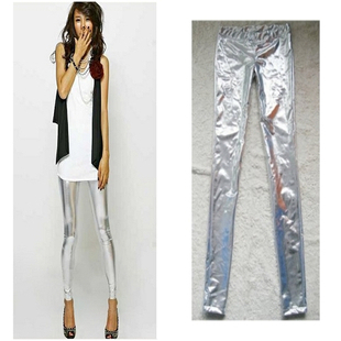 New Arrival 2013 Fashion Lady's Slim Faux Leather Legging Pants Silver Metal Legging Pants Render Pants for Women