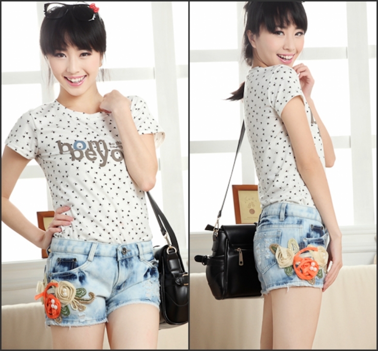 New arrival 2013 female denim shorts shorts flower beading decoration 609 jeans