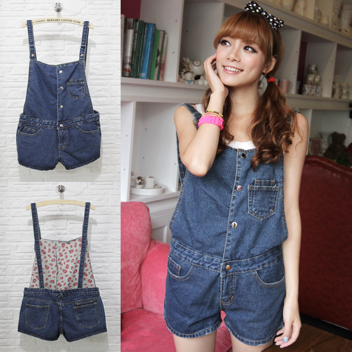 New arrival 2013 preppy style dark color multi-pocket applique 100% cotton denim suspenders jumpsuit shorts