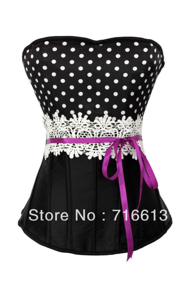 New Arrival 2013 Sexy Lady Dot Satin Black Lace Up Corset Bustier Lingerie Free shipping