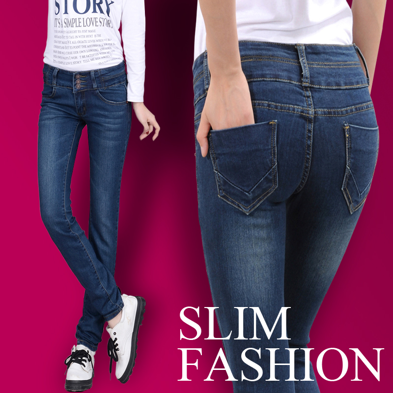 New arrival 2013 slim plus size buttons jeans female skinny pants pencil pants casual trousers thin denim solid color pants