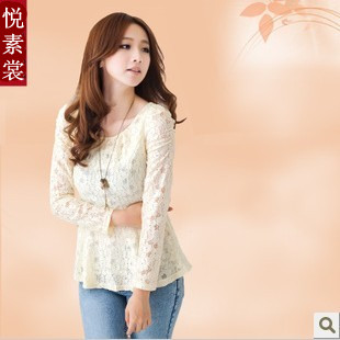 New arrival 2013 spring and summer hot-selling slim lace empty thread long-sleeve o-neck medium-long trend top female