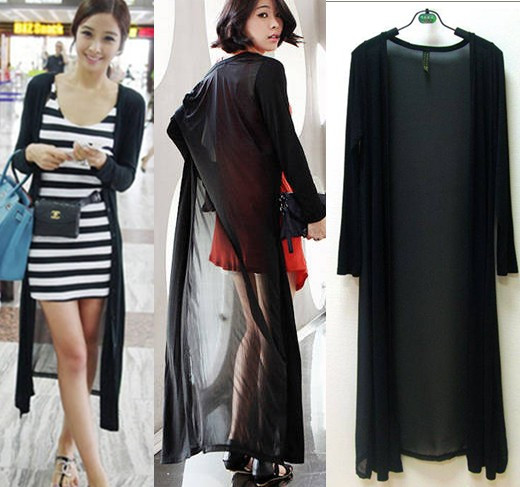 New arrival  4064011 elegant chiffon patchwork knitted long-sleeve ultra long paragraph outerwear cardigan high quality