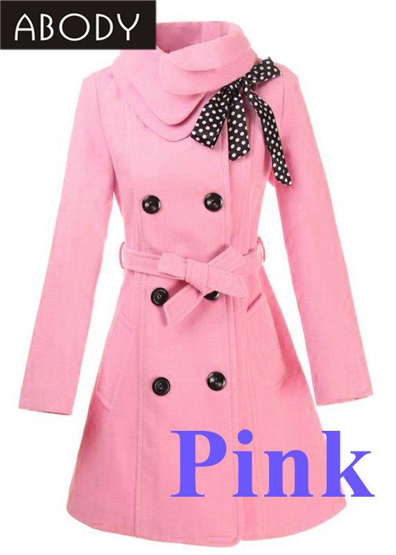 New Arrival !!  ABODY  Fashion Women's Trench Coat Lady Winter Coat Outerwear Double Breasted Pink ,Free Shipping