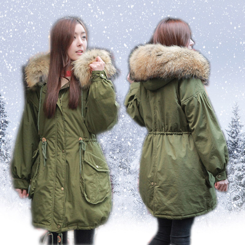 New arrival Army Green large fur collar slim cotton-padded jacket thermal thickening wadded jacket overcoat plus size outerwear