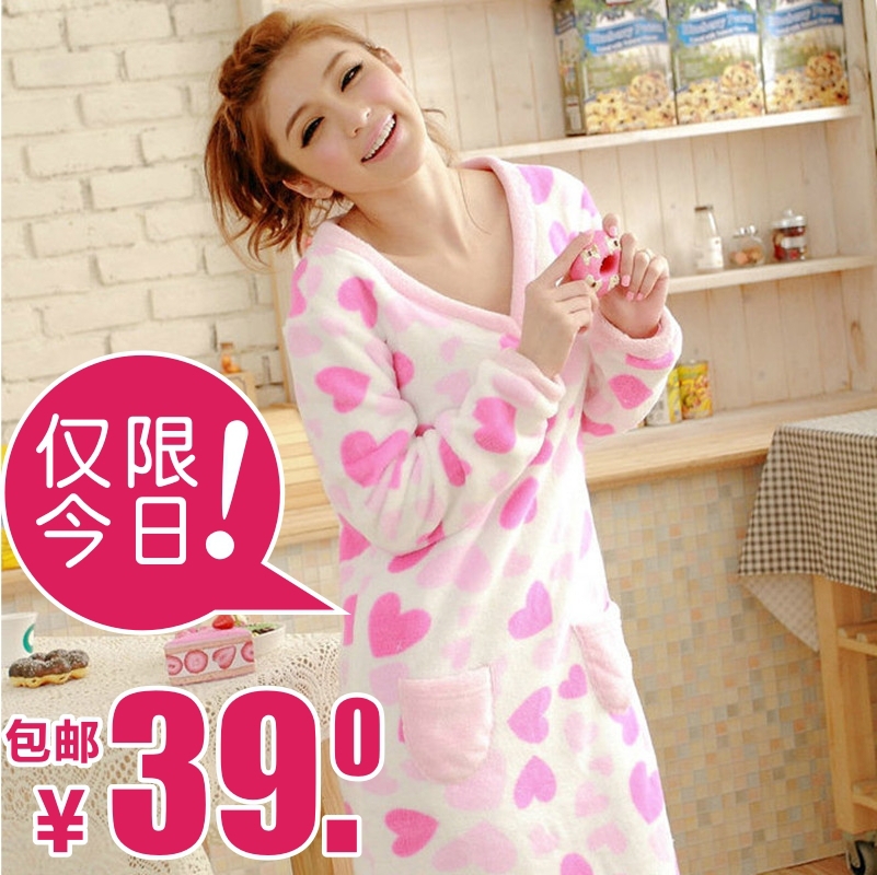 New arrival autumn and winter coral fleece women's nightgown thickening coral fleece sleepwear female long-sleeve set lounge