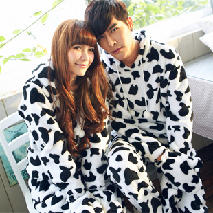 New arrival autumn and winter milk cow lovers coral fleece sleepwear male Women thickening long-sleeve sleepwear with a hood set