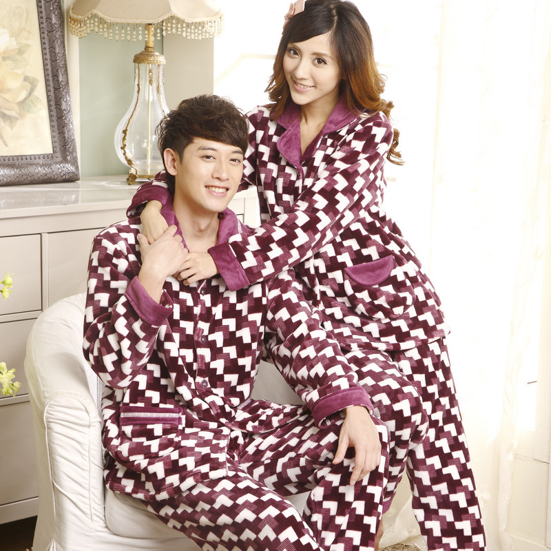 New arrival autumn and winter plaid thickening coral fleece sleepwear male Women lovers set