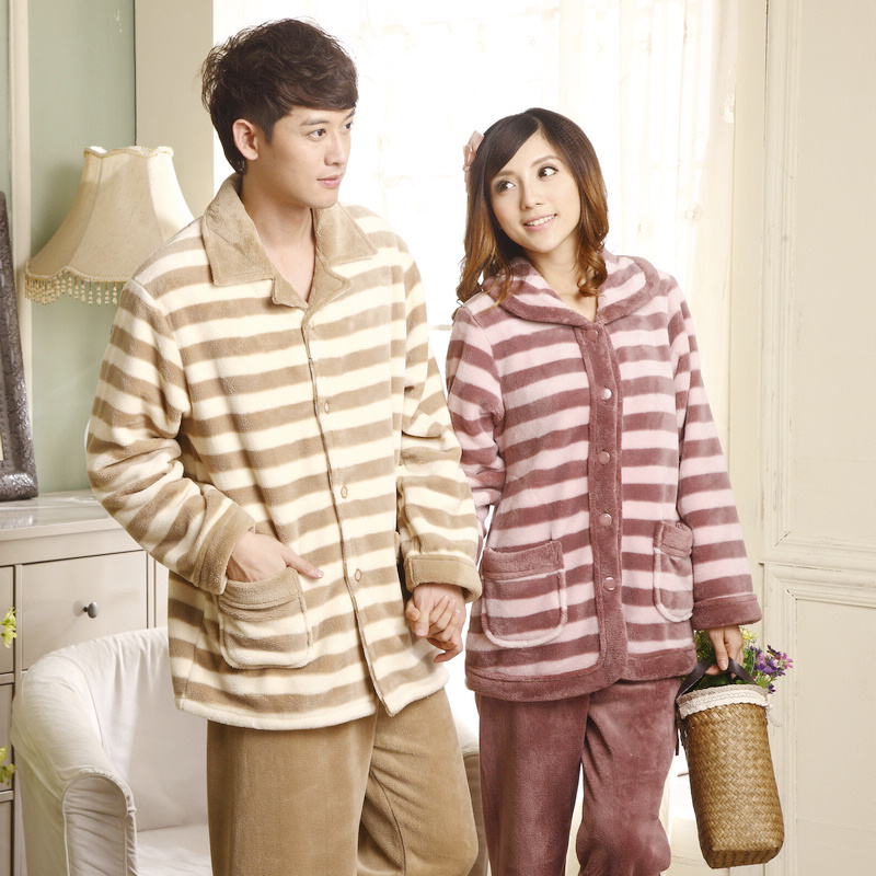 New arrival autumn and winter stripe thickening coral fleece sleepwear lovers set lounge