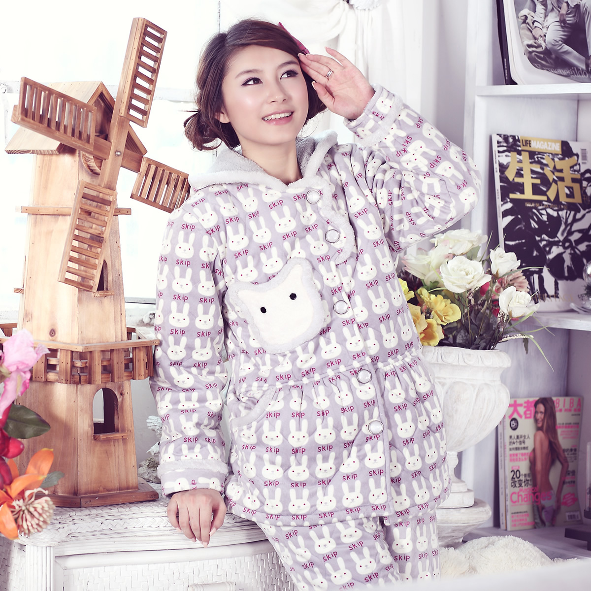 New arrival autumn and winter with a hood thickening women's coral fleece cotton-padded sleep set