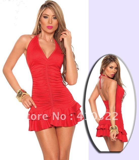 New Arrival Black or Red Sexy Dress Women's Tassel Stretch Lingerie Chic Club Party Halter Dresses With G-string B8693