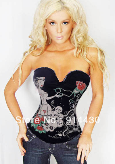 New Arrival Black Punk Gothic Nurse Rose And Skull Print Rhinestone Corset Sexy Lingerie Free Shipping