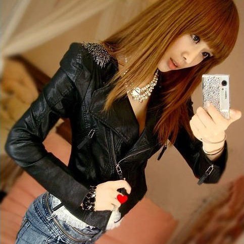 New Arrival Black Women PU Faux Leather Slim Short Zip Up Motorcycle Ladie' Jacket Epaulet Outerwear  # L034220