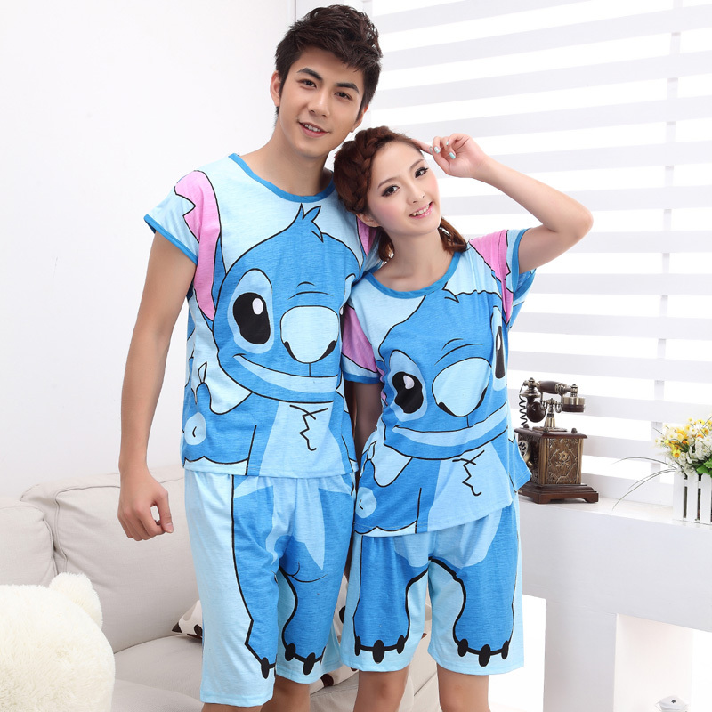 New arrival cartoon dolphin summer men and women sleepwear knitted cotton lovers sleepwear lounge set