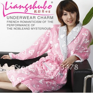 New arrival! Coral fleece female nightgown, thickening heart love V-neck lacing robe lounge