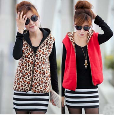 New Arrival Cotton Padded Vest Leopard Hooded Waistcoat Pockets Cardigan Two-Sides Wear Zipper Warm Fashion Women Tops Black/Red