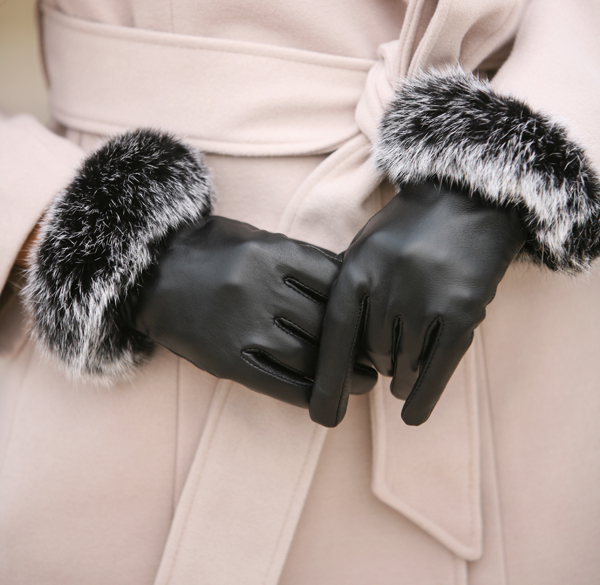 New arrival crievn winter thermal genuine leather gloves female sheepskin women's rabbit fur genuine leather gloves female