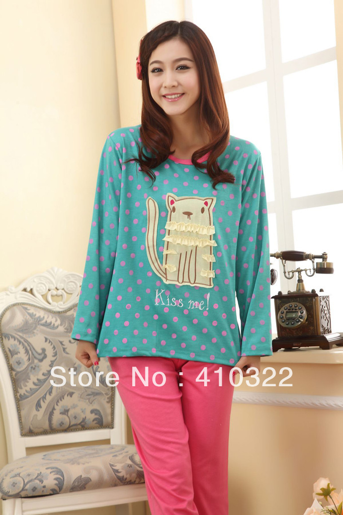 New Arrival Cute Cat Sweet Gril Pyjamas Sets in Green Fashion Lady Sleepwears Fancy Cotton P6834 Free Shipping 1 Set/Lot