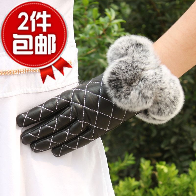 New arrival dimond women's plaid rex rabbit hair genuine leather gloves female thin sheepskin gloves leather gloves