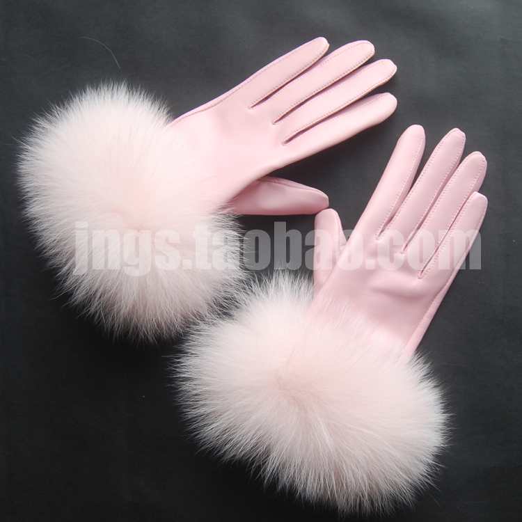 New arrival elegant charming genuine leather gloves pink fox fur winter thermal fleece lined thickening fur gloves