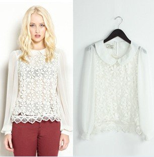 New arrival Euro vintage style embroidery chiffon blouse,Peter Pan collar,sweet court lace adorn,free shipping.363