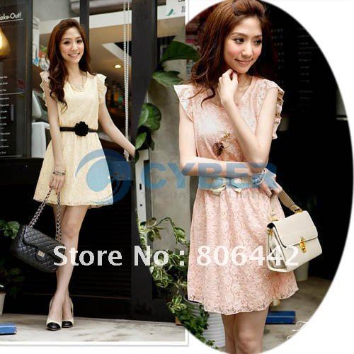 New Arrival Fashion Korea Women's Short Lotus Leaf Sleeve Lace Mini Dress Pink, Apricot Free Shipping